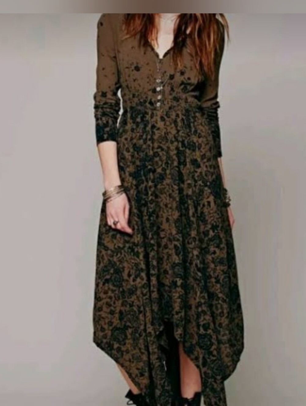 Free People Lavina Olive Green Floral Handkerchief-Hem Dress
